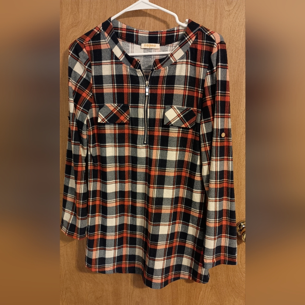 Baikea Women's plaid half zipper shirt